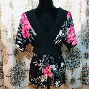 ETCETERA Floral Japanese V Neck Stretch Blouse